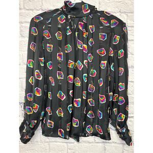 Jordan Vintage Womens Long Sleeve High Neck Colorful Blouse SZ 10 Missing Button
